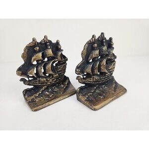 Pair Vintage Cast Iron Nautical Bookends Doorstop 3 Masted Ships Schooner Sail